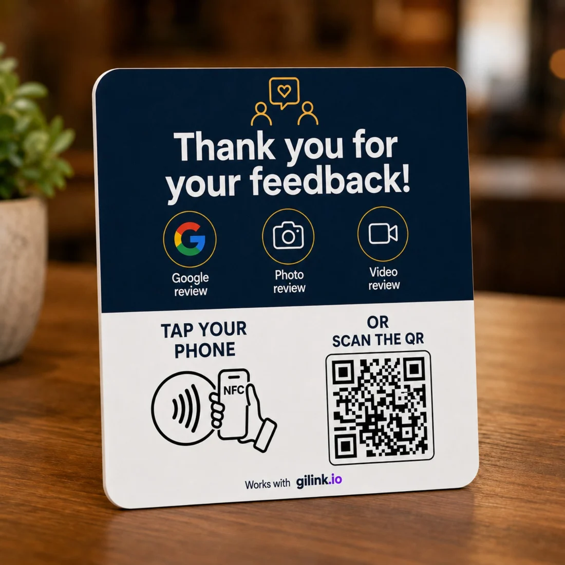 Gilink review collection stand with Google, photo and video options, NFC and QR examples